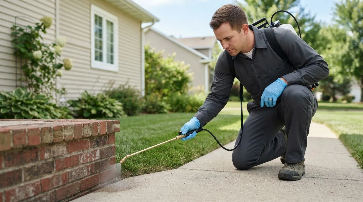 Pest control technician treating a home near Bovey, MN